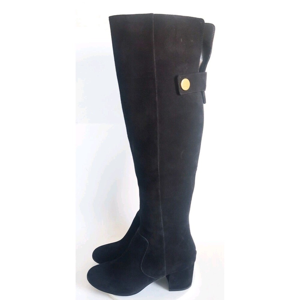 Nine West Knee‎ High Boots Size 7.5 Black Suede Leather Block Heel Zip Riding - Picture 6 of 16